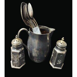Vintage Silver-Plated Creamer W/ 8 Spoons & Salt & Pepper Shakers SO2 O